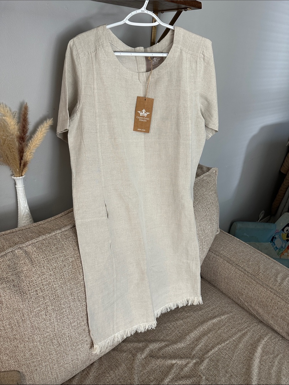 Fringed Hem Neutral Linen-Blend Midi Dress